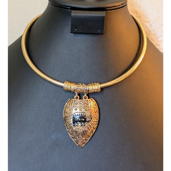 Gold Tone Indian Elephant Torque Pendant Collar Necklace - Picture 1 of 5